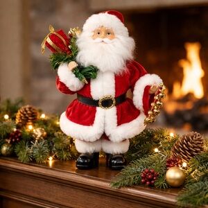 Vintage Porcelain Face and Hands Santa With Toy Bag Holding Bells Fluffy Beard